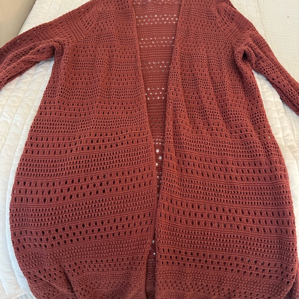 Torrid Brick Red Pointelle Long Open Front Cardigan - Picture 2 of 6